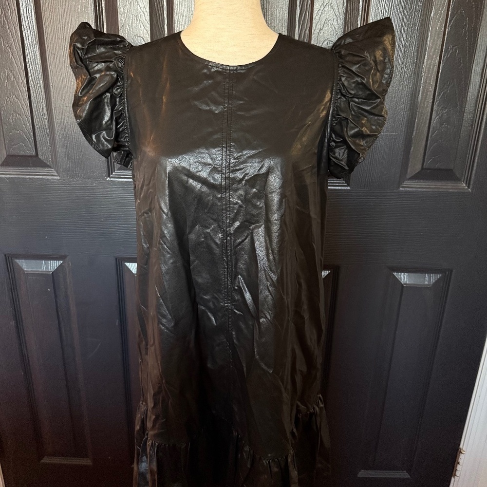 Anthropologie Pinch flutter sleeve faux leather Desi Mini Dress